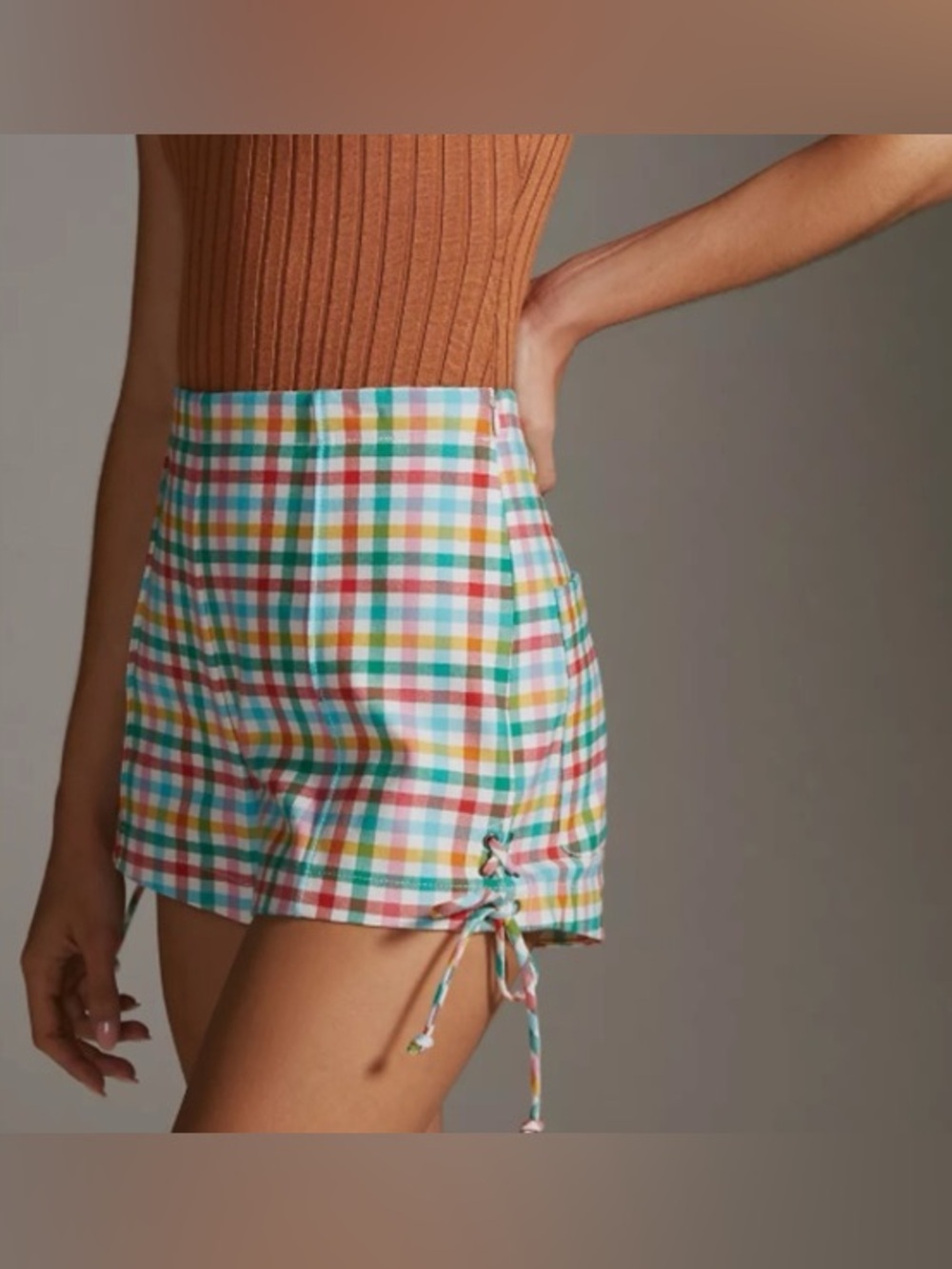 Anthropologie Maeve Multicolor Gingham High-Waist Tie Shorts